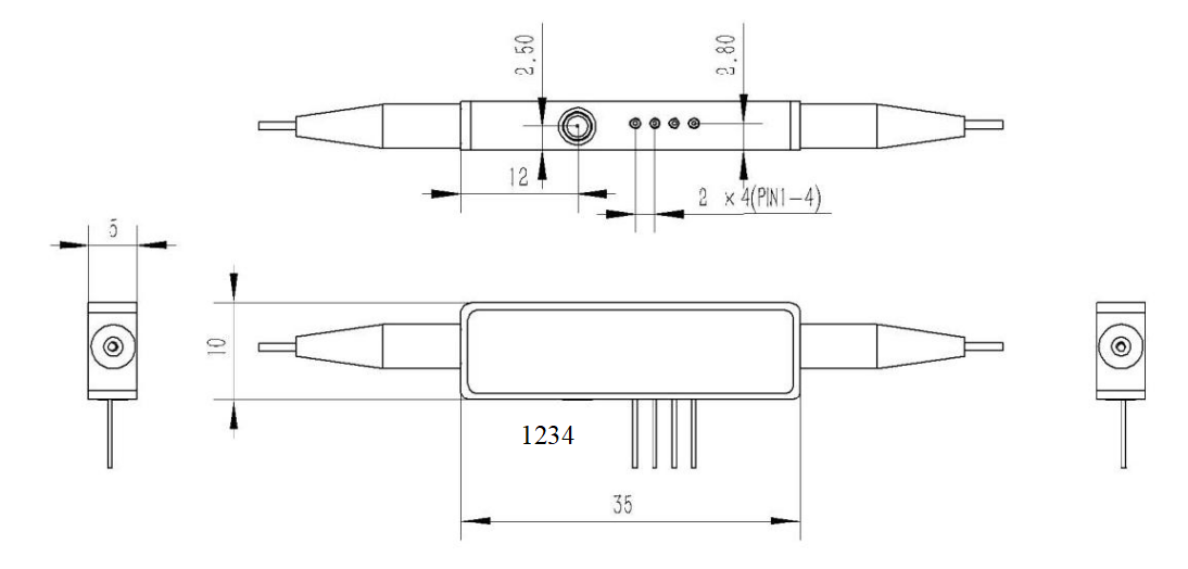 20GHz直通相位调制器外形尺寸及引脚定义 20GHz直通相位调制器外形尺寸及引脚定义