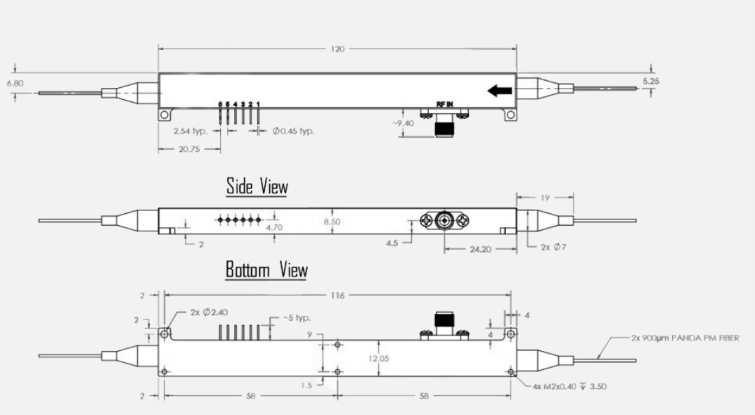 10GHz超长型相位调制器机械尺寸 10GHz超长型相位调制器机械尺寸